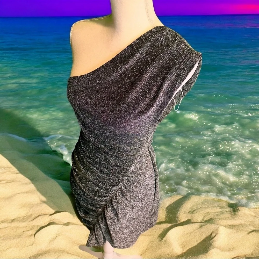 NWOT Free People ‘Malia’ One Shoulder Ruched Bodice Silver Metallic Dress Size S